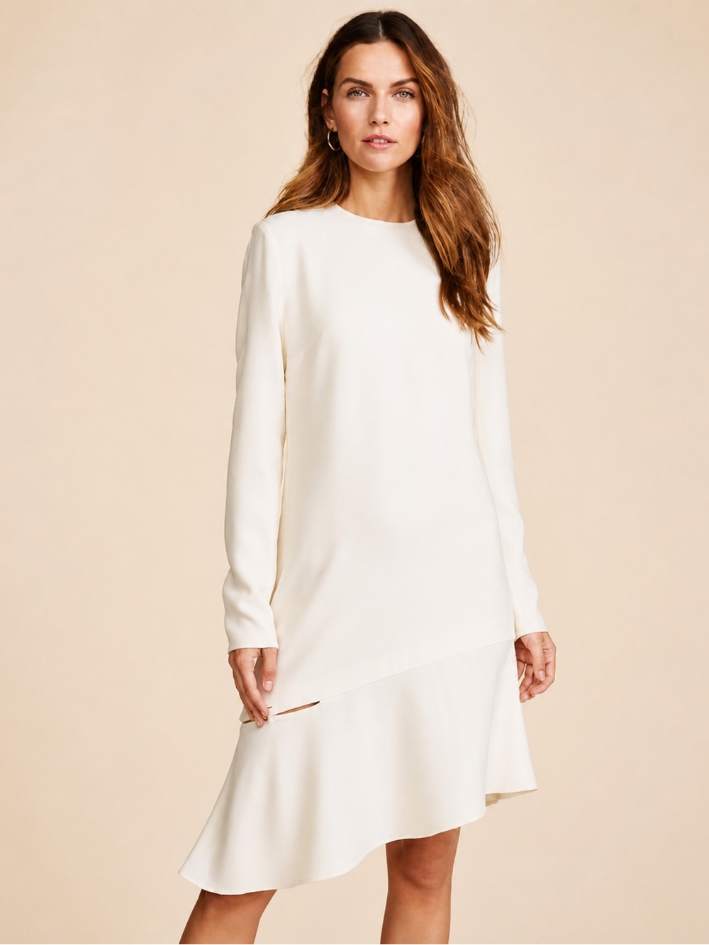 Tibi Triacetate Shift Dress w/ Detachable Asymmetrical Hem,‎ Ivory, SZ 0 NWT